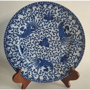 Antique Japanese Porcelain Plate Blue White Phoenix Birds Dai Nippon Mark 10"